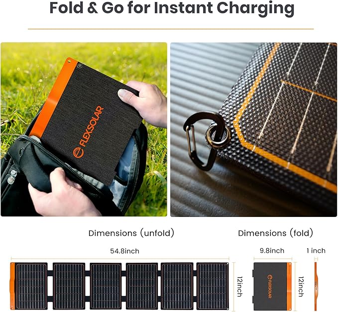 FlexSolar 60W Foldable Solar Panel, Portable Solar Charger with USB-C/USB-A QC3.0/DC 20-28V Port