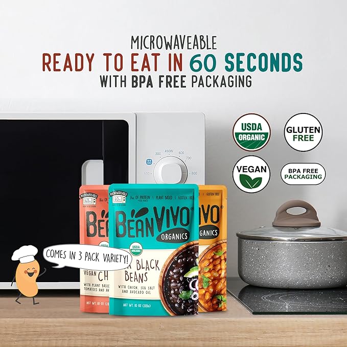 BeanVIVO - Variety 3 Pack (10 oz each) - Organic Baja Black Beans, Three Bean Vegan Chili, BBQ