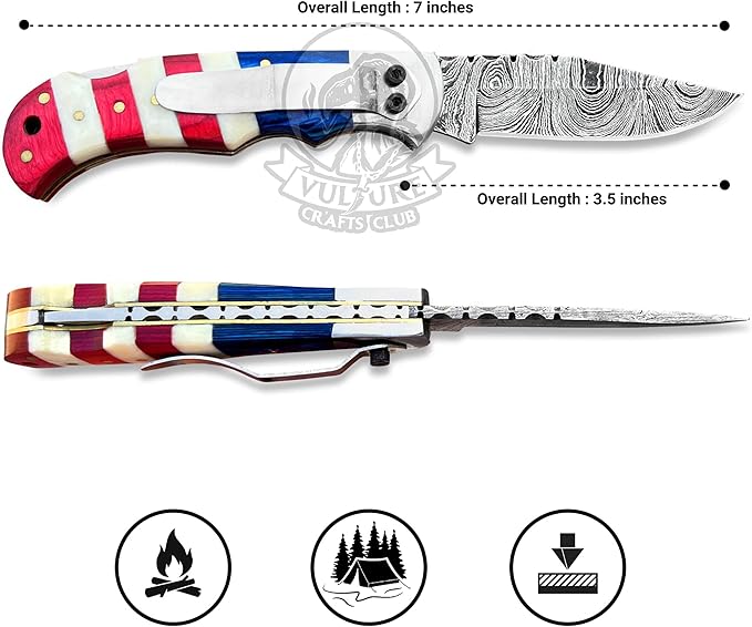Damascus Steel Pocket Knife with Clip and Leather Sheath - EDC Knife for Outdoor and Camping