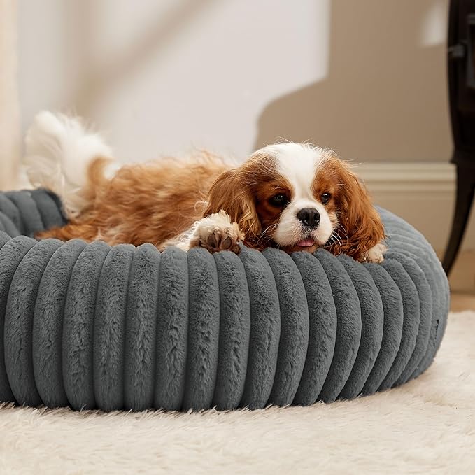 Bedsure Donut Medium Dog Bed - Washable Faux Fur with Corduroy Fleece & Anti Slip Bottom, Round Pet