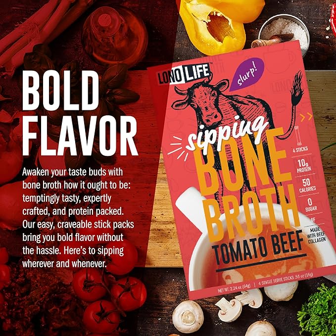 LonoLife Tomato Beef Bone Broth Powder Mix | Grass-Fed, 10g Protein | Collagen-Rich, Keto & Paleo