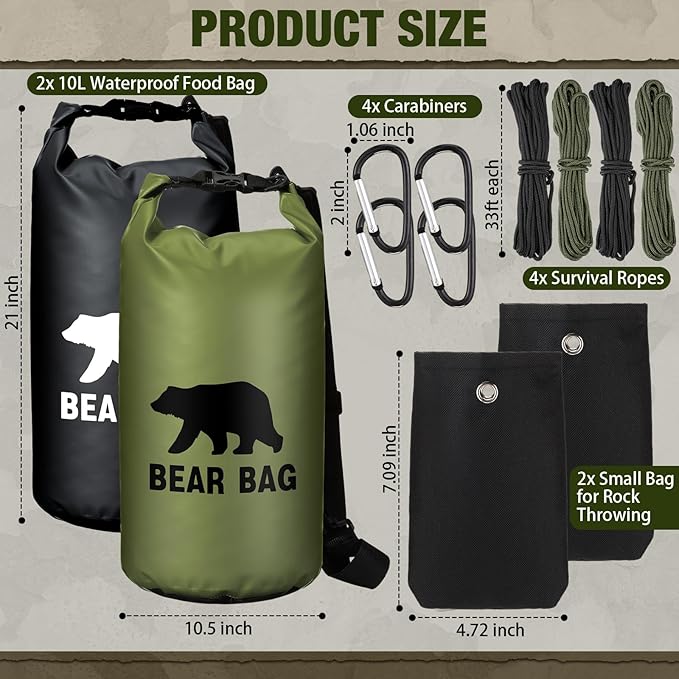2 Sets Bear Food Bag for Camping Ultralight Food Bag Hanging System Includes 2 Pcs 10 L Waterproof