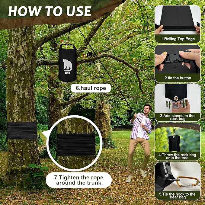 2 Pcs 10L Waterproof Bear Bags with 4 Nylon Ropes, 4 Clips & 2 Rock Pockets & 2 Small Warning Bells