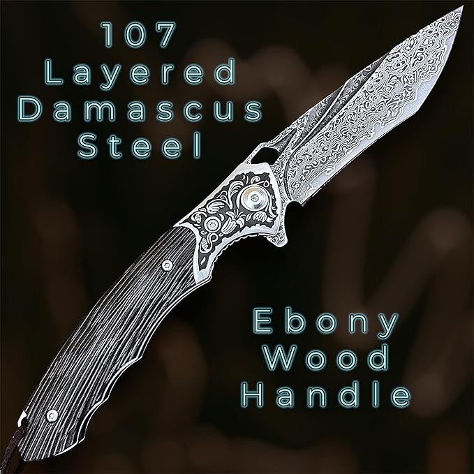TACTICAL GEARZ Damascus Pocket Knife, Ebony Handle w/Carved Steel Head, Multi-Layered Damascus