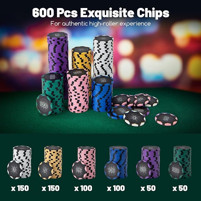 GYMAX Poker Chips Set, 600 PCS Texas Hold 'em Casino Chip Set w/Carrying Case, 6 Decks of Cards, 5