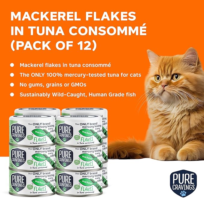 Pure Cravings Mackerel Flakes in Tuna Consommé, Canned Wet Cat Food Soup, 100% Mercury-Tested
