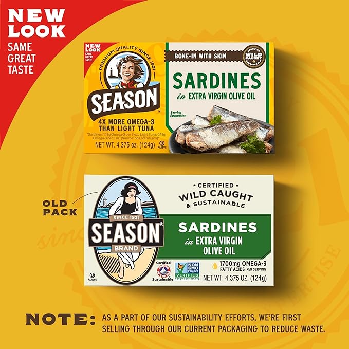 Season Sardines in Extra Virgin Olive Oil - Wild Caught, 22g of Protein, Keto Snacks, More Omega