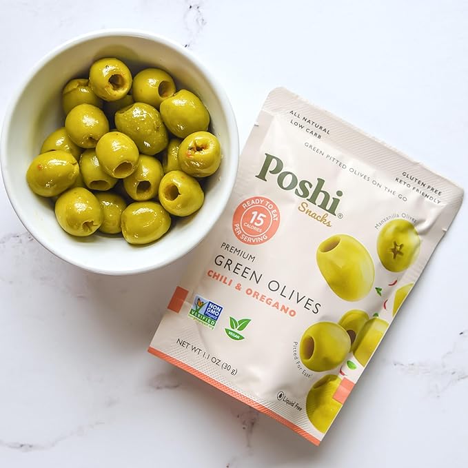 POSHI Green Pitted Olives - Chili & Oregano | Vegan, Kosher, Gluten Free + Keto Friendly, Fresh