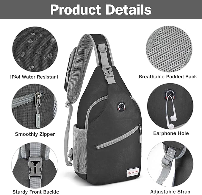 ZOMAKE Sling Bag,Small Crossbody Sling Backpack,Water Resistant Shoulder Daypack for Travel,Anti