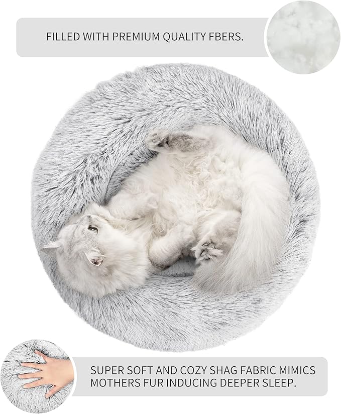 Love's cabin Calming Cat Bed for Indoor Cats, Anti-Anxiety Donut Round Dog Bed, Fluffy Faux Fur