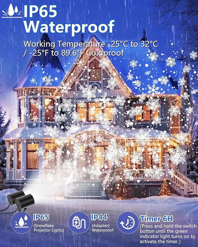 Christmas Snowflake Projector Lights Outdoor, 2025 Upgraded Double Head, 360° Rotating, IP65