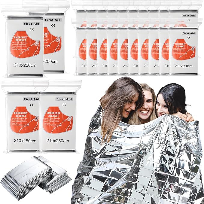 Kingdder Oversized Emergency Blankets 30 Pack 99" L x 83" W Emergency Thermal Blankets Silver Foil