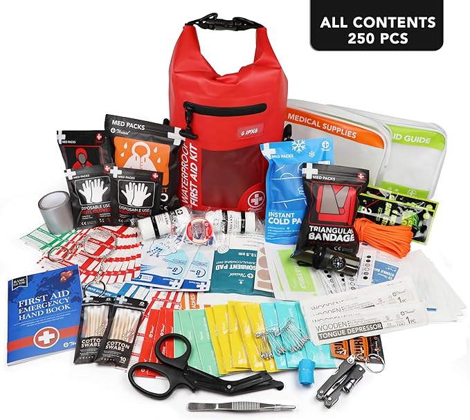 250 PCS Waterproof First Aid Kit, Roll Top Reflective Boat Dry Bag Bug Out Bags, Emergency Medical