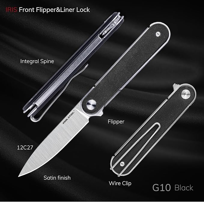 REALSTEEL IRIS Pocket Knife, Folding Knife, Flipper, Liner Lock, 2.99" 12C27 Steel Blade