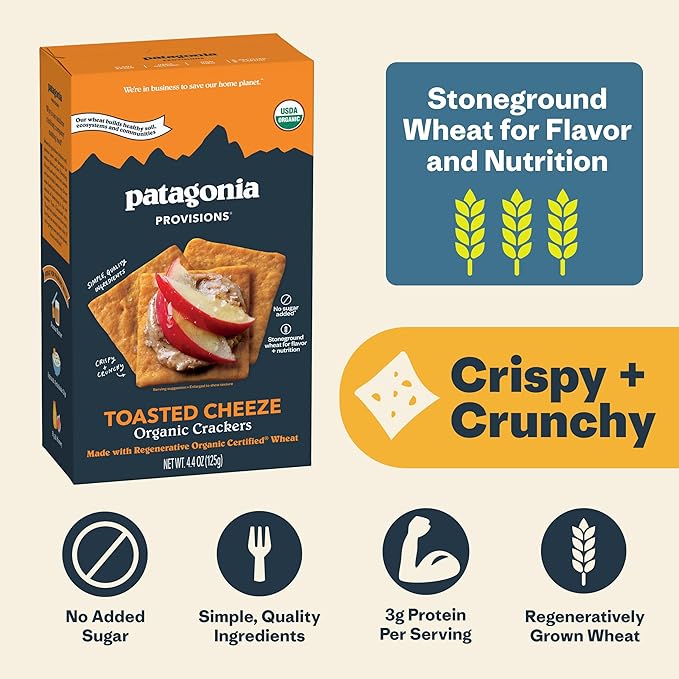 Patagonia Provisions Organic Toasted Cheeze Crackers (6 Pack) – 3g Plant Protein Per Serving – Made