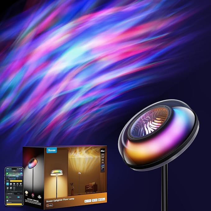 Govee Uplighter Floor Lamp for Living Room, RGBIC Ripple Projector, Floor Lamp for Bedroom Works