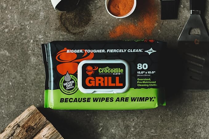 Crocodile Cloth Grill - 80 (15" x 10") Plant-based Cleaning Wipes. Safe on Skin & Multiple