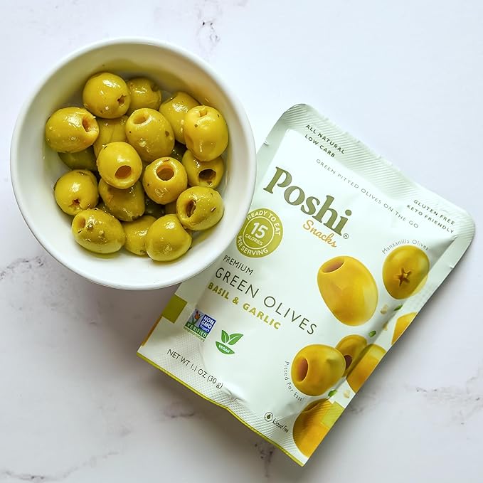 POSHI Green Pitted Olives - Basil & Garlic | Vegan, Kosher, Gluten Free + Keto Friendly, Fresh, Low