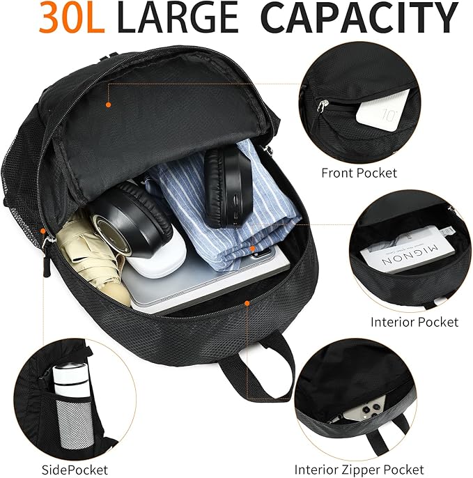 Large Hiking Daypack,30L Water Resistant Hiking Backpack Packable Lightweight Travel Day Pack for
