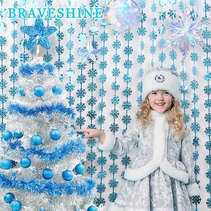 BRAVESHINE Blue Party Snowflake Backdrop - 2 Pack Hanging Foil Fringe Snow Flakes Party Streamers