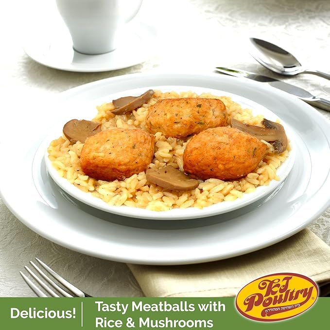 KJ Poultry Kosher Ready Meals - Chicken Meat Balls & Mushrooms, MRE Meat Meals Ready to Eat, Halal