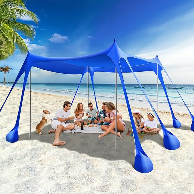 Rhino Valley Beach Tent Shade Canopy UPF50+ Protection, 8 Sandbags, 4 Stability Poles, Outdoor Sun