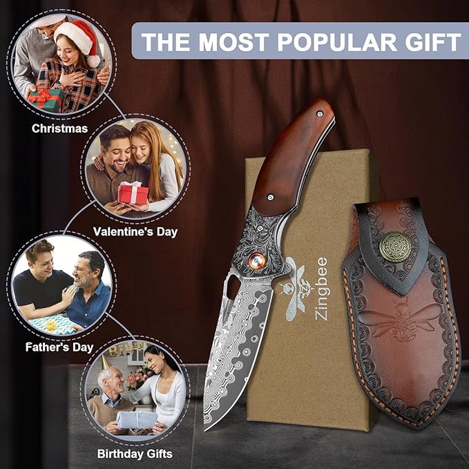 Damascus Pocket Knife with Sheath, 3.35" Damascus Steel Blade Knife with Wooden Handle, EDC Pocket