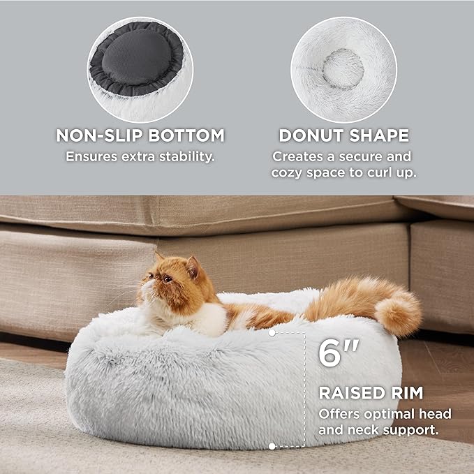 Bedsure Calming Cat Beds for Indoor Cats - Small Cat Bed Washable 20 inches, Anti-Slip Round Fluffy