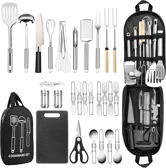 Camping Cooking Utensils Set, Stainless Steel Grill Tools, Camping BBQ Cookware Gear and Equipment