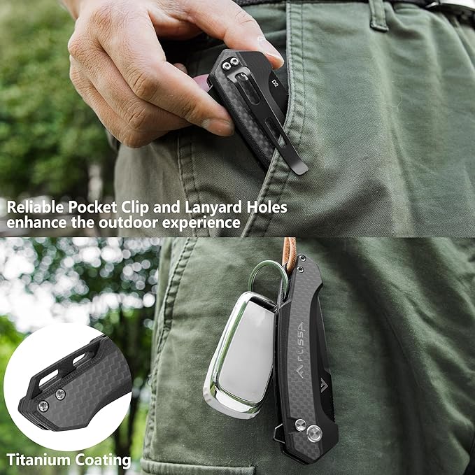 FLISSA Pocket Folding Knife, 3.2??D2 Blade Carbon Fiber Handle EDC Knife with Pocket Clip for