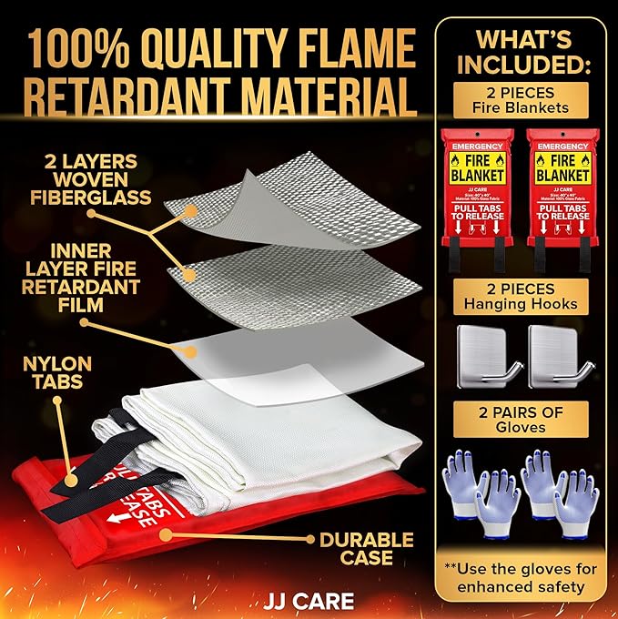 JJ CARE Fire Blanket ??2 Packs with Hooks and Gloves ??Emergency Fire Blanket for Home & Kitchen