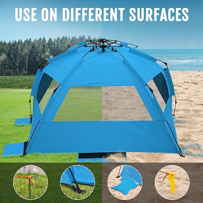 WhiteFang Deluxe Pop Up Beach Tent Sun Shade Shelter for 3-4/5-6 Person, UV Protection, Extendable