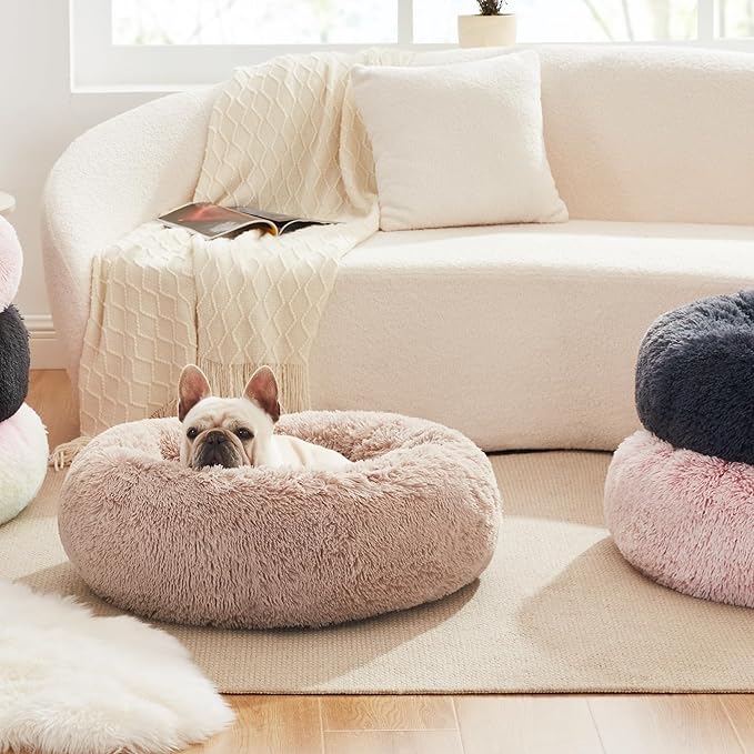 Love's cabin Calming Cat Bed for Indoor Cats, Anti-Anxiety Donut Round Dog Bed, Fluffy Faux Fur