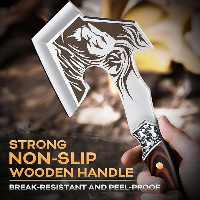 TIVOLI Camping Axe, Lion - Patterned Survival Hatchet with Nylon Sheath, High Carbon Steel Blade