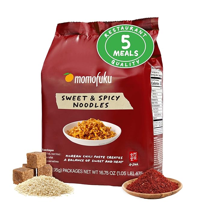 Momofuku Sweet & Spicy Ramen Noodles by David Chang, 5 Count (Pack of 1) Air-Dried Vegan Instant