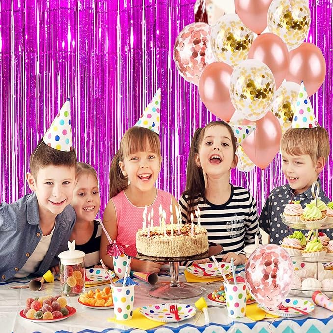 BRAVESHINE Hot Pink Tinsel Foil Fringe Curtains - 2Pcs 3.2x8.2ft Metallic Party Streamers Backdrop