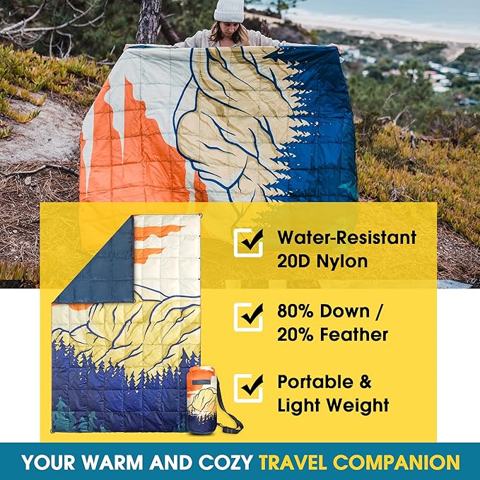4Monster Down Camping Blanket - Outdoor Travel Quilt Puffy 650 Fill, Packable, Lightweight,Wind &