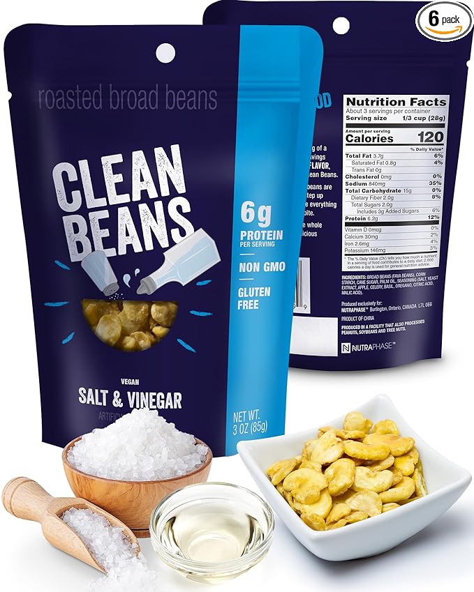 Clean Beans Broad Fava Beans Snack - Salt & Vinegar Flavor, 6g Protein, Low Sugar, Non-GMO