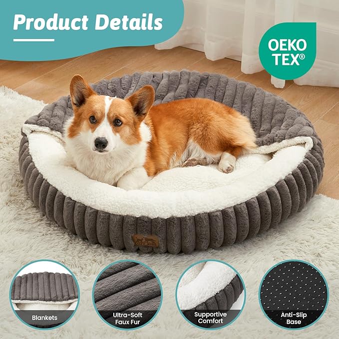 Small Dog Bed with Hooded Blanket, Round Fluffy Anti-Anxiety Pet Bed for Small Dogs & Medium Dogs