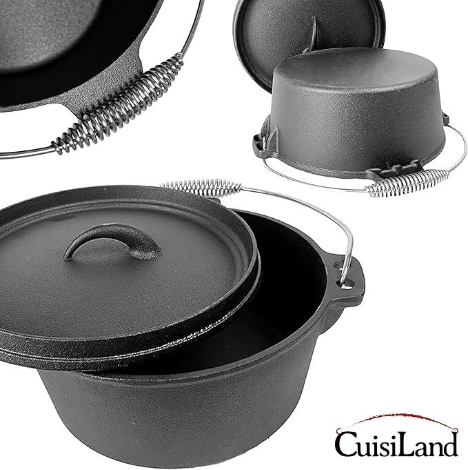 Cuisiland 4.5QT Cast Iron Dutch Oven with Lip Lid & Bail Handle – Pre-Seasoned Camping Pot for