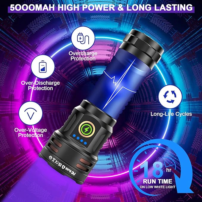 2-in-1 365nm UV Flashlight & High Lumens LED Flashlight, 7 Modes Rechargeable, 18H Runtime, IPX5