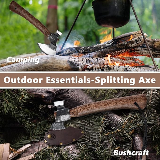 Wood Splitting Axe with Leather Sheath,Camping Hatchet with 10.74" Solid Handle,Bushcraft Axe with