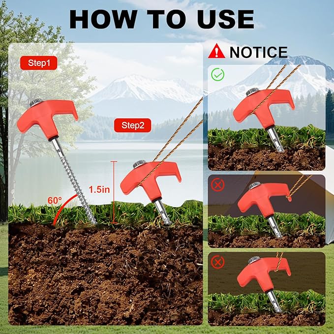20 Pcs Tent Stakes Heavy Duty, 8 in Ground Anchors Screw in, Grow in the Dark Screw in Tent Stakes