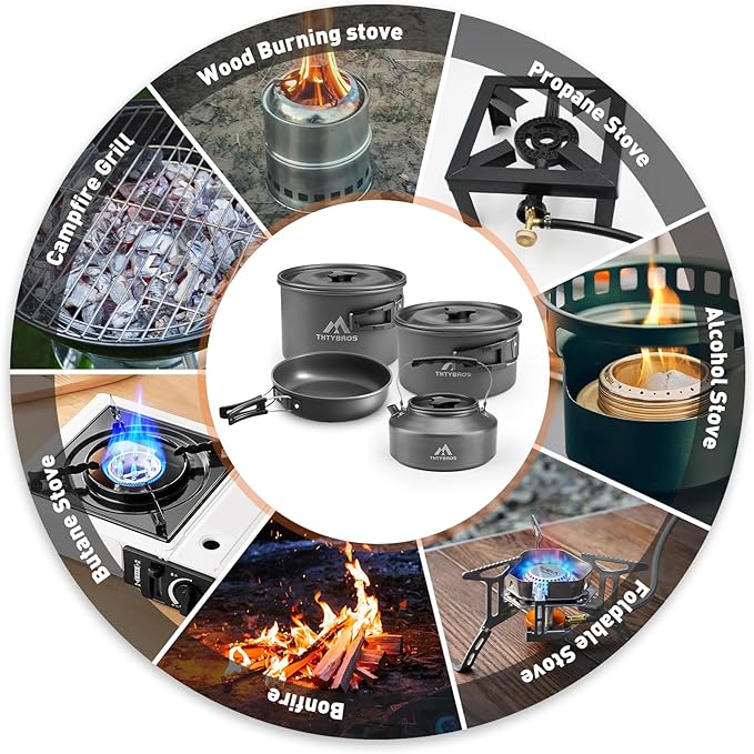 27pcs Camping Cookware Mess Kit for 2-4 People, Portable Cookware Set with Kettle, Pots & Pans