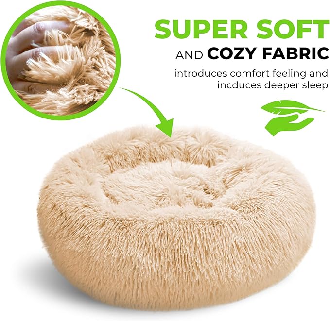 Whiskers & Friends Cat Bed Dog, Cat Beds for Indoor Cats Washable, Orthopedic Soft Fluffy Round