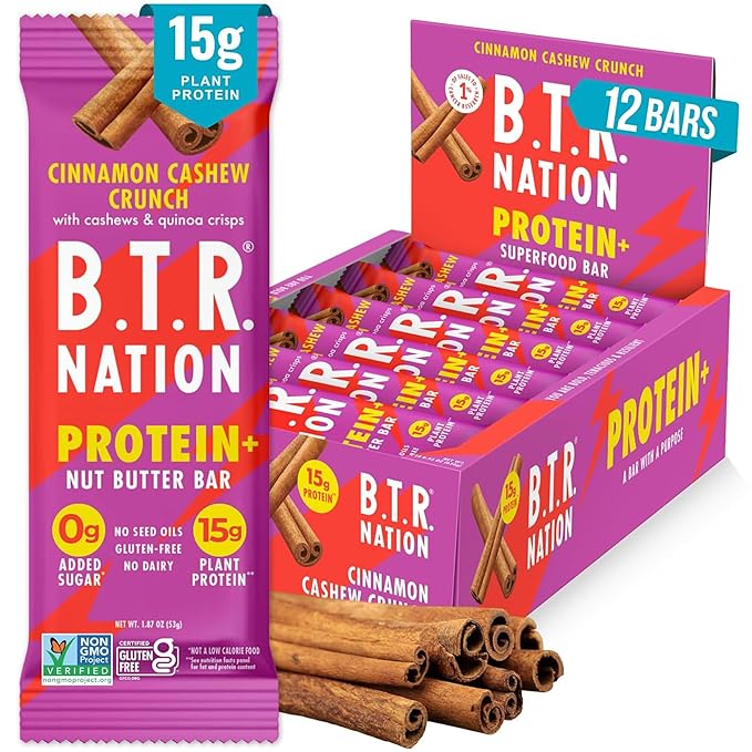 B.T.R. Nation Vegan Keto Plant Based High Protein & High Fiber Bars - Cinnamon Cashew Crunch