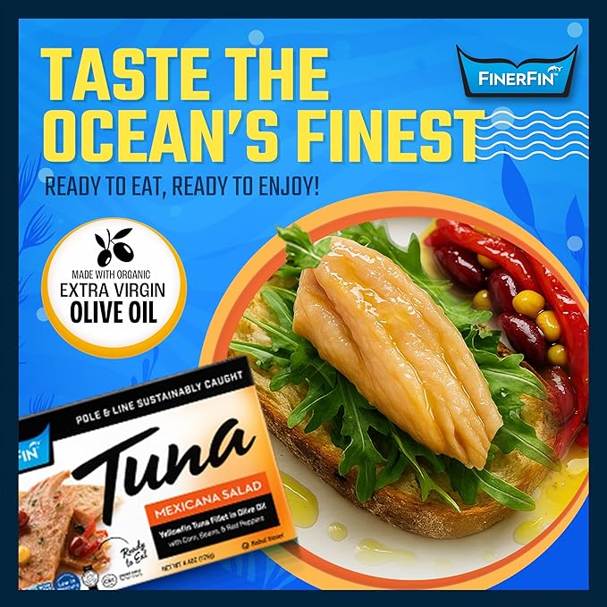 FinerFin Yellowfin Tuna In Organic Olive Oil ??Mexicana Salad Flavor (4.4oz can - 6 Pack); Premium
