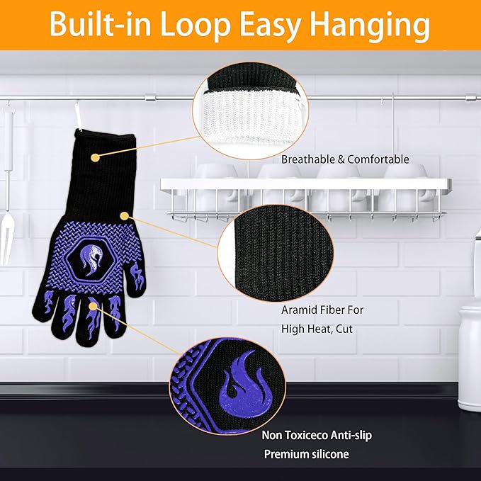 BBQ Fireproof Gloves, Grill Cut-Resistant Gloves 1472°F Heat Resistant Gloves, Non-Slip Silicone