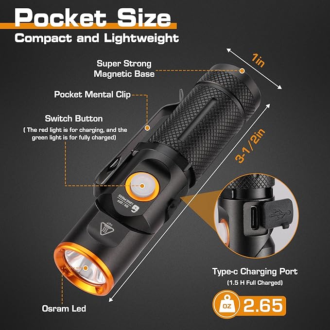 EverBrite 600 Lumens Pocket Flashlight, 90 Degree Tactical Pen Light with Magnet, Type-C