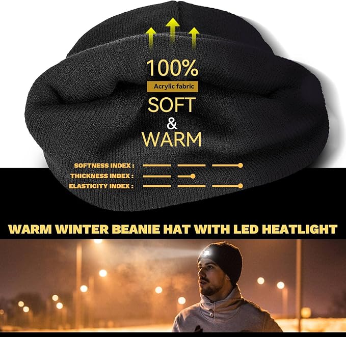 LED Beanie Hat with Light, USB Rechargeable LED Headlamp, Gifts for Men, Him, Husband